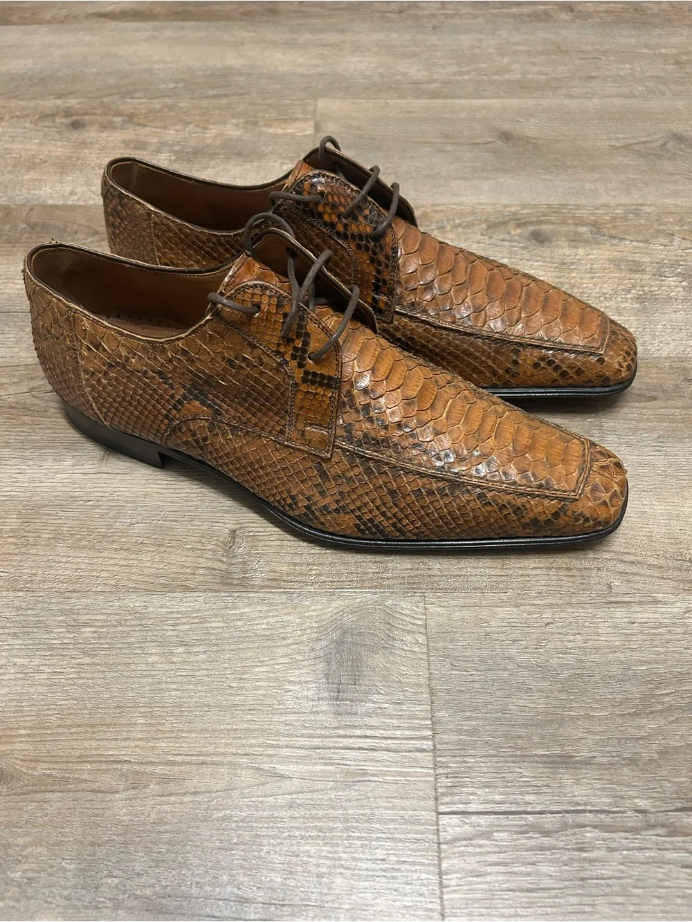 Magnanni Men’s Size 8 Python Snakeskin Brown Exotic Leather Derby Shoes